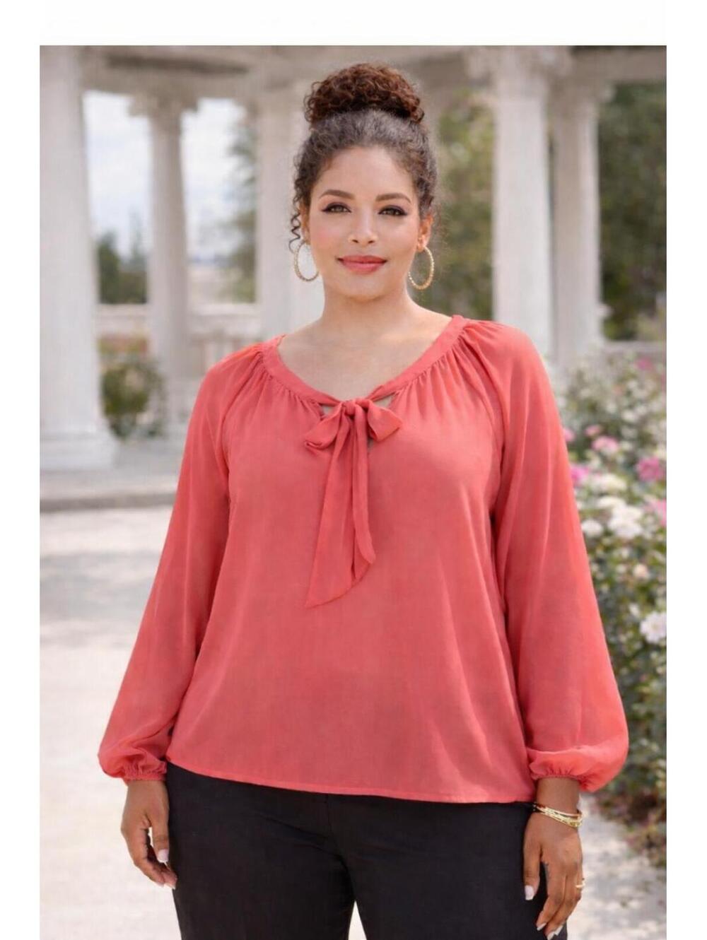 Torrid Women's 2X Dark Coral Sheer Blouse Tie Neck Flowy Boho Chic Top